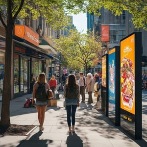 A bustling urban street scene filled with diverse passersby, showcasing a vibrant mix of demographics