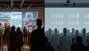A two part image with the left side showing screen in a retail environment being viewed by a happy audience and on the right side a grey screen displa