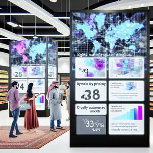 An image of a digital outofhome DOOH advertising screen network in a retail environment, displaying dynamic and automated pricing models to maximize y