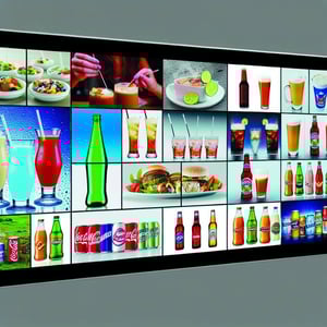 An image of a digital signage screen displaying various advertisements with different beverage product being shown side by side, some conflicting with