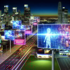 The image is of a digital outofhome advertising landscape with AI technology playing a crucial role in content creation and audience targeting