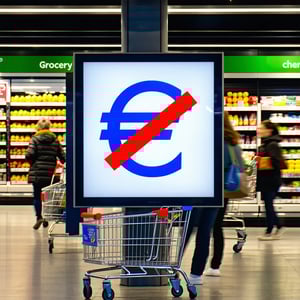 a grocery retail dooh Screen showing a crossed out euro symbol surrounded by shoppers with carts