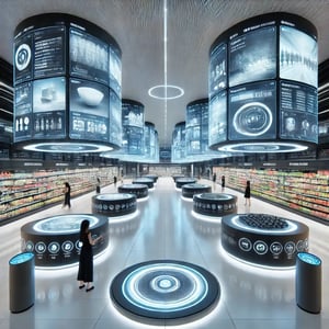 DALL·E 2024-08-14 09.26.19 - A futuristic grocery store interior with sleek, modern architecture. The store features large, interactive holographic screens prominently displayed a