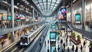 DALL·E 2024-08-22 09.31.58 - A bustling train station with multiple Digital Out-of-Home (DOOH) advertising screens. The scene is filled with commuters, with a modern and clean des